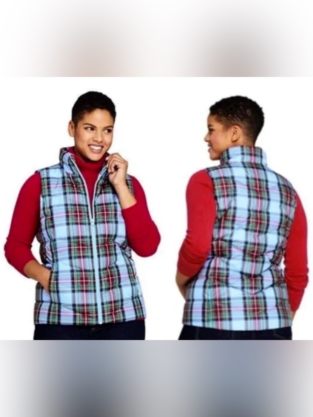 Lands' End  Light Blue Plaid Puffer Down Filled Vest Medium Excellent Condition